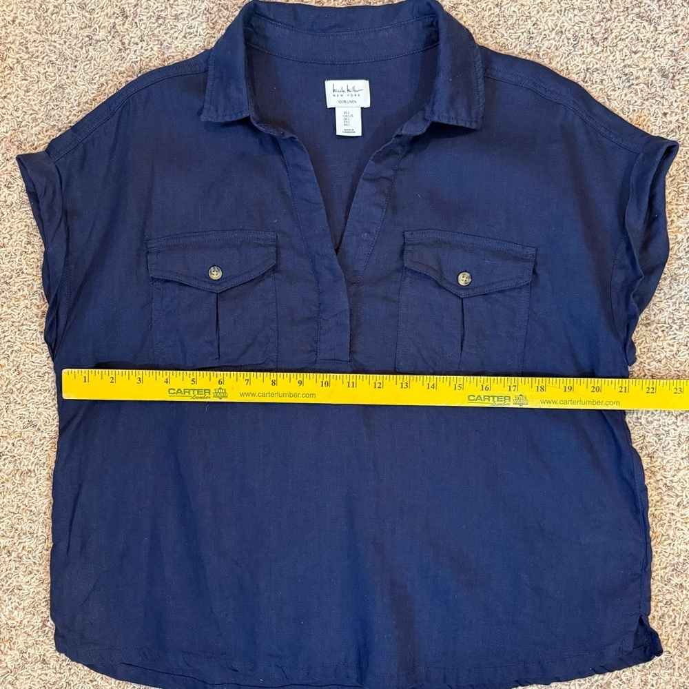 Linen Blouse Navy Blue Utility Top Size L V-Neck Collared Shirt by Nicole Miller - Picture 4 of 8